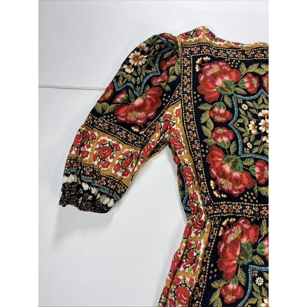 FARM Rio Floral Wrap Mini Dress V-Neck Puff Sleeve Pattern Tapestry Womens S - Picture 16 of 16